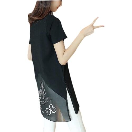 AYAOZTT Summer Women Letter Printed T-shirts Cotton Chiffon Patchwork Long Shirts Short Sleeve White Black T-shirt Loose Type