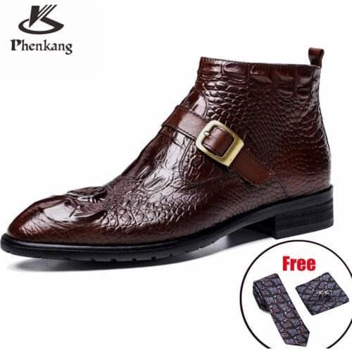 Men winter Boots Genuine cow leather chelsea boots brogue casual ankle flat shoes Comfortable quality lace up dress boots