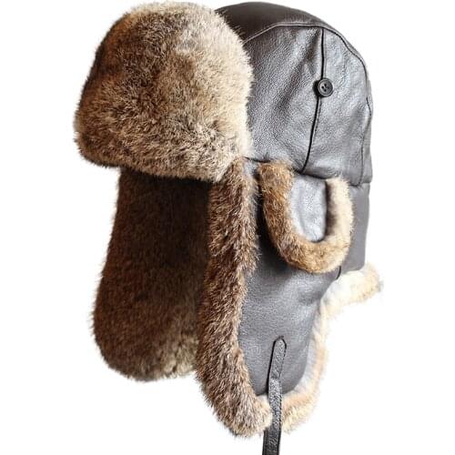 Winter Fur Bomber Hat Men Women Leather Russian Hat Snow Trapper Cap Warflap Ushanka