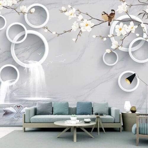 Custom Any Size Mural Wallpaper 3D Marble Waterfalls Circle Flowers Birds Photo Wall Painting Living Room TV Sofa Bedroom Fresco