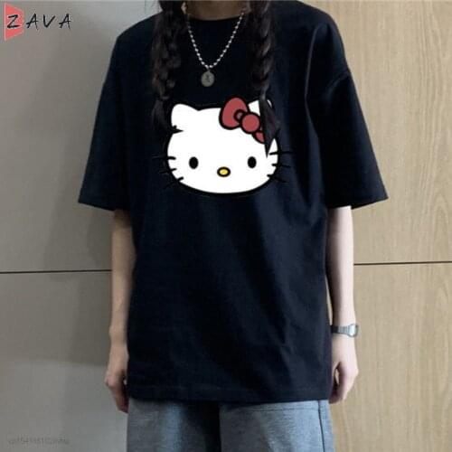 New Fashion Kawaii 2021 Cartoon Print T Shirt Woman Girls Summer Top Black Cat Graphic Oversize Harajuku Casual Loose Tee Lolita
