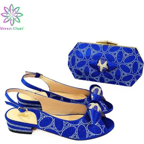New Arrival Matching Shoes and Bag Set In Heels Italian Shoes with Matching Bags Set Deciorated with Rhinestone Women Low Heels