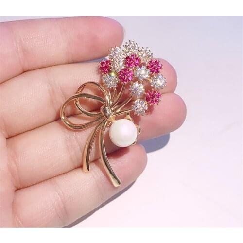 OKILY Luxury CZ Jewelry Bouquet Brooches Pin for Women Fashion Flower Brooch with Pearl T-shirt Accessories 2021 Trendy