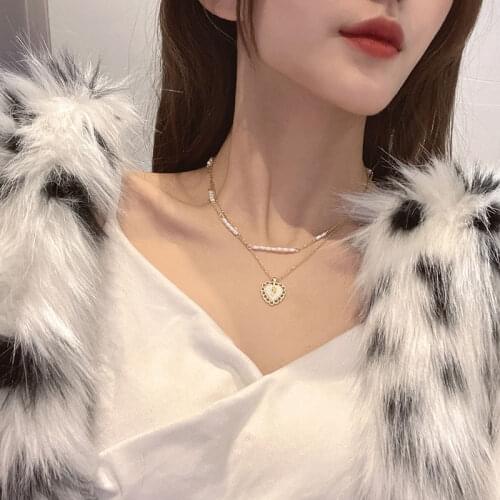 Stainless Steel Necklace for Women Retro Pearl Multilayer Necklace Charm Peach Heart Pendants Choker Jewelry Accessories