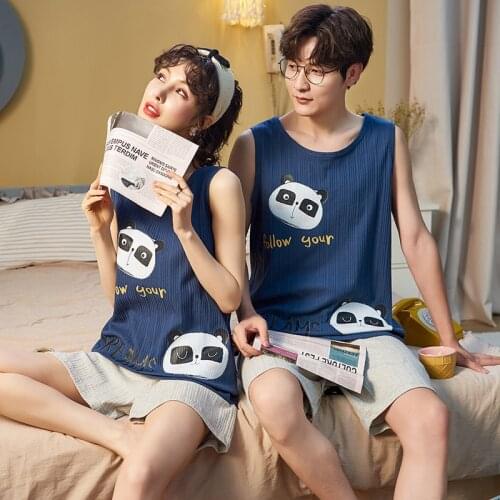 Couple Pajamas Set Summer Cotton Sleeveless Vest Sleepwear Men Women Leisure Oversized Homewar Kawaii Panda Print Maiden Pajamas