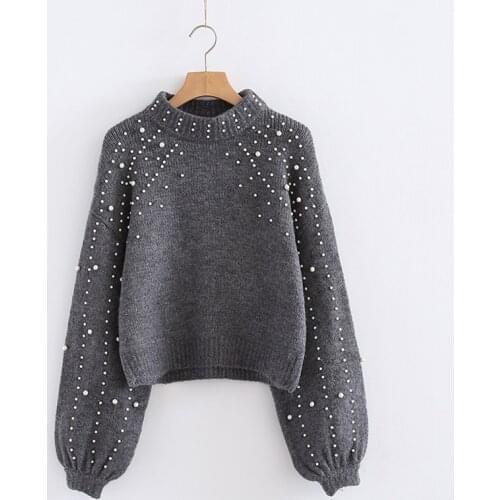 Pearl turtleneck winter knitted sweater female Women lantern sleeve loose gray pullover female Soft warm autumn casual jumper