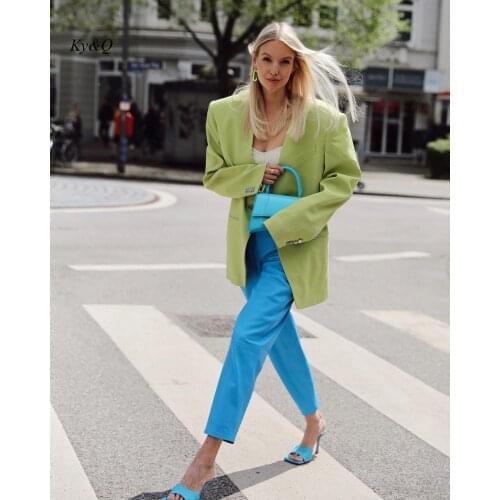 Runway Chic Green Simple One Button Wide Shoulder Collarless Thin Suit Coat Streetwear Sunscreen Loose Lazy Blazer New Trend