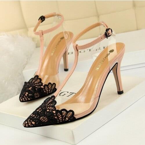 Womens Korean-Style Fashion Banquet Transparent Bare-Footed Shoes Thin Heeled High Heel Lace Pointed T-Toe Sandals High Heels