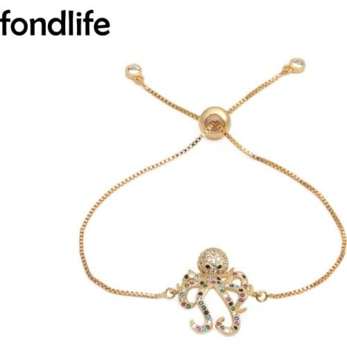 AAA Multicolor Cubic Zirconia Stones Octopus Charm Bracelet Women Gold-plated Copper Ocean Devilfish CZ Chain Jewelry Present