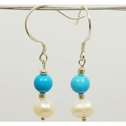 Blue Turquoises Real Pearl Jewelry Set,Gemstones White Freshwater Pearl Necklace Bracelet Dangle Earring Charming Gift For Women