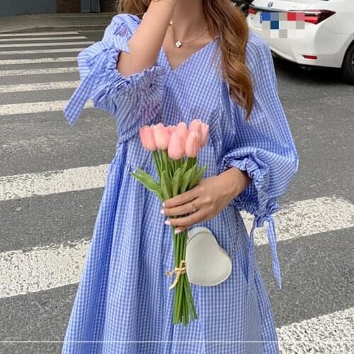 Large Size Women Summer Blue Plaid Shirt Dress Puff Sleeve A-line V-neck 4xl Vestidos Elegantes Loose Style Dresses
