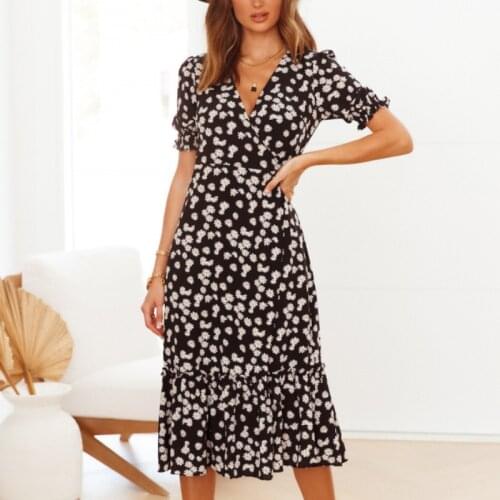 Summer Dress Ladies 2021 New Casual Flower Print Crossed V-neck High Waist Holiday Chiffon Women Dresses Sweet Ruffle Midi Dress