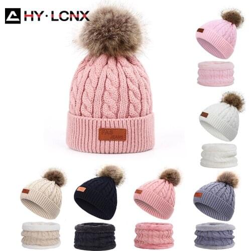 2021 Winter Baby Knitted Hat Scarf Set Pom Pom Knit Kids Beanie For Childrens Bonnet Hats Girls Boys Toddlers Thicken Fur Cap