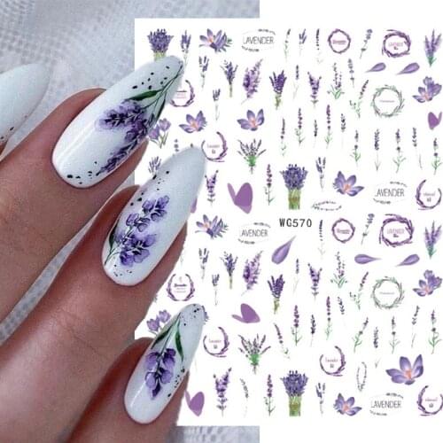 1 Sheet Purple Lavender 3D Nail Stickers Colorful Flowers Leaves Self Adhesive Sliders For Manicuring Nail Art Decorations Tips