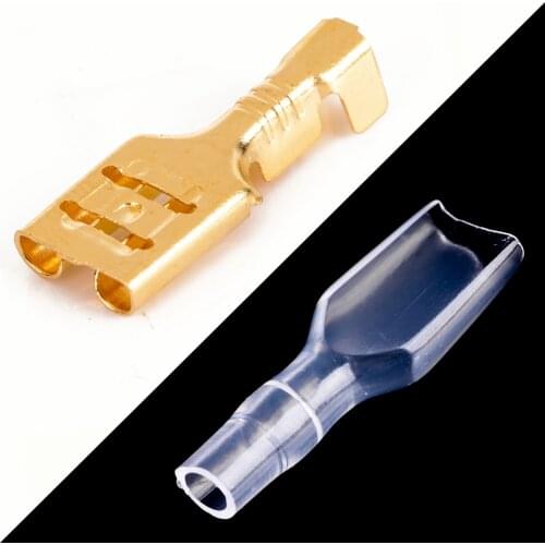 100pcs Durable Female Spade Connectors 6.3mm Brass Crimp Terminal Kit with Insulating Sleeve