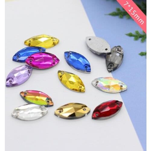 48p 7x15mm navette color glass Crystal stone silver flatback Sew On rhinestone jewels 2-Holes button beads For DIY wedding Dress