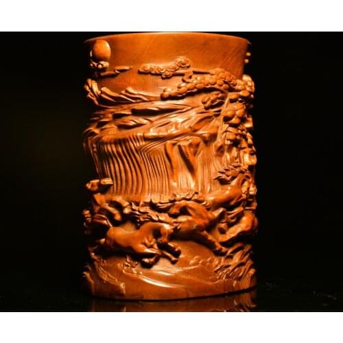 5"China Lucky Old Boxwood Hand-carved Horse statue Eight Horses Pen holder Office Ornaments Town House Exorcism