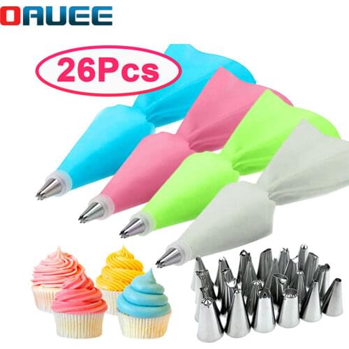 Silicone Pastry Bag Kitchen Cake Icing Piping Cream Cake Decorating Tools Reusable Pastry Bags 24 Nozzle Set