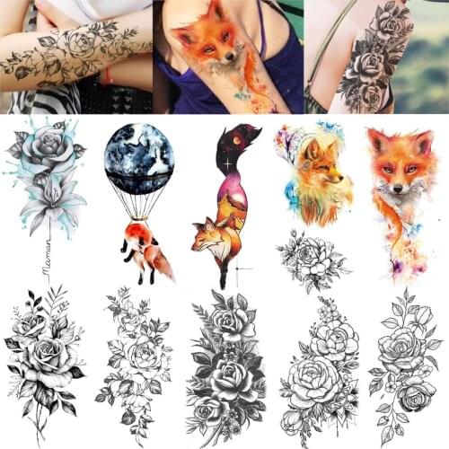 Watercolor Colorful Fox Temporary Tattoos Sticker Peony Flower Tattoo 3D Creative Body Art Waterproof WomenS Fashion Tatoo DIY