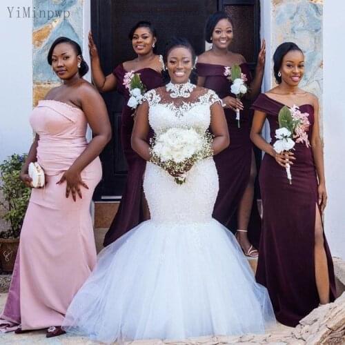 YiMinpwp White Bride Mermaid Wedding Dresses HIgh Neck Sweep Train Appliques Beads Illusion Bodice Plus Size Bridal Gowns Custom