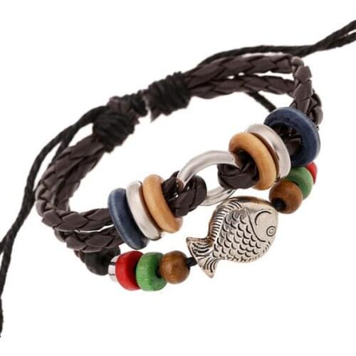 Fashion Vintage Women Girl Bracelet Cute Fish Charms Wood Beads Pendant Weave Wrap Leather Bangle Wristbands Casual Jewelry Gift