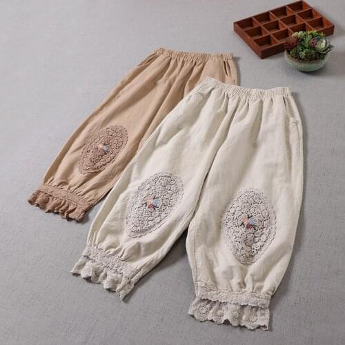 Japan Style Mori Girl Embroidery Lace Casual Pants Loose Cotton and linen Elastic Waist Harlan Womens Pants