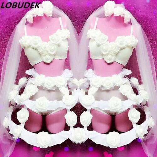 Women Valentines Day Nightclub Party Costume White Flowers Bikini Skirt Stage Outfit Sexy Bar Club Dancer Performance Clothing