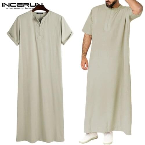 INCERUN Men Muslim Kaftan Short Sleeve Solid Color O Neck Jubba Thobe Abaya Casual Dubai Saudi Arabia Islamic Men Robes S-5XL