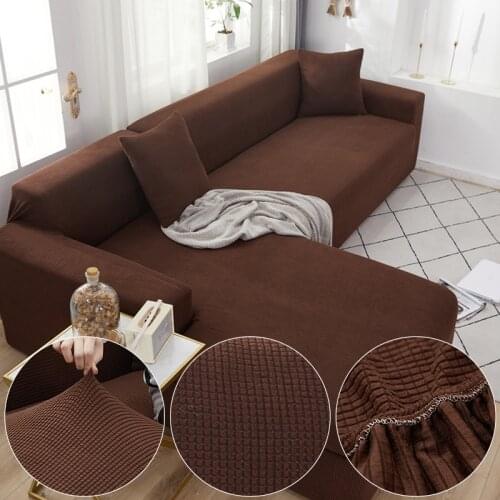 Plaid Corn Fleece Dark Brown Sofa Cover For Living Room Solid Color All-inclusive Modern Elastic Corner Couch Slipcover 45012