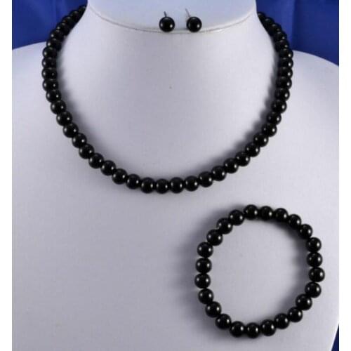 BLACK GLASS PEARL NECKLACE EARRINGS BRACELET SET