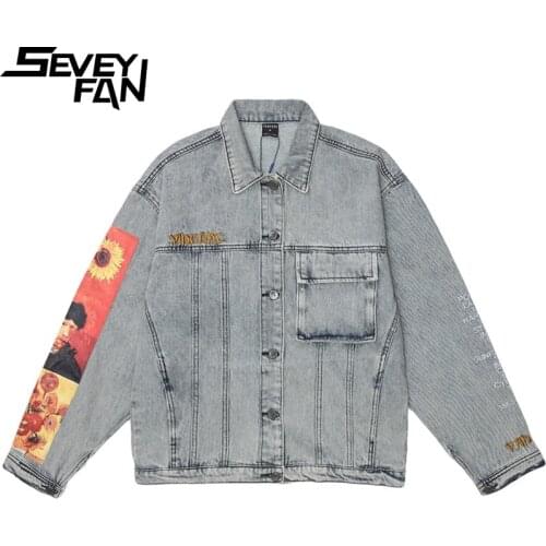 SEVEYFAN Mens Fashion Canvas Character Printed Denim Jacket Harajuku Letter Embroidery Jean Coat Streetwear for Male