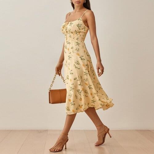 Summer Dress For Women Clothing 2021 Plaid And Lemon Print Beach Dress Vacation Tie Neck Sleeveless Spaghetti Strap Midi Dress