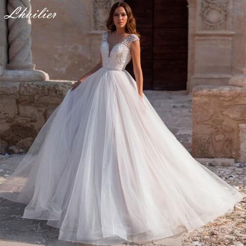 Lhuilier Womens A Line Luxury Tulle Wedding Dresses Crystal Beaded Sleeveless Floor Length Tulle Bridal Gowns with Belt