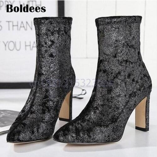 Fashion Velvet Fabric Ankle Boots Woman Pointed Toe Chunky Heeled Short Boots Stretch Sock Boots 2018