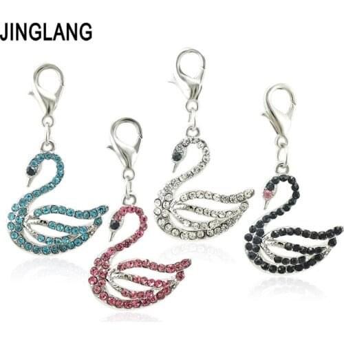 JINGLANG Fashion Lobster Clasp Charms Dangle 4 Color Rhinestone Swan Animals DIY Pendants Jewelry Making Accessories 50pcs