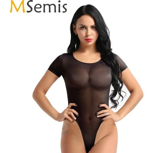 MSemis Womens Bodysuit Catsuit Sheer Transparent Sexy Lingerie Bodycon Porno High Cut Bikini Thongs Teddies Clubwear