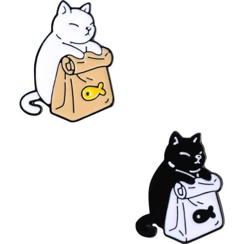 Cartoon Black White Cats Dried Fish Brooches Feed Myself Enamel Pins Bag Lapel Badge Cute Animal Jewelry Gift for Kids Friends
