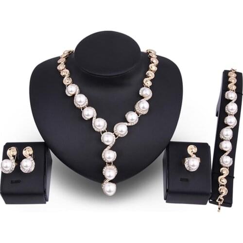New Women Girls Simulated Pearl Bridal Wedding Jewelry Sets for Women Rhinestone Earrings Bracelet Necklace Set