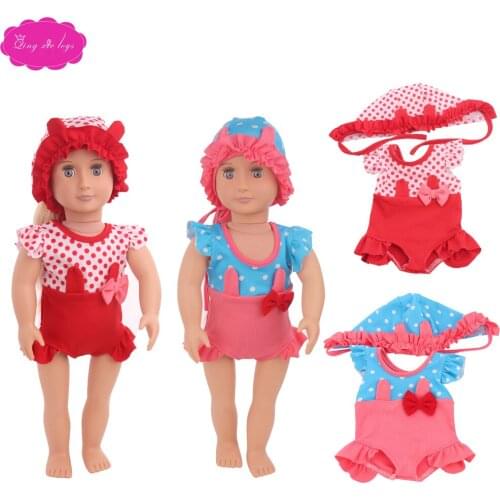 18 inch Girl dolls Clothes cute polka dot swimwear + cap bikini American newborn jumpsuits Baby toys fit 43 cm baby dolls c770