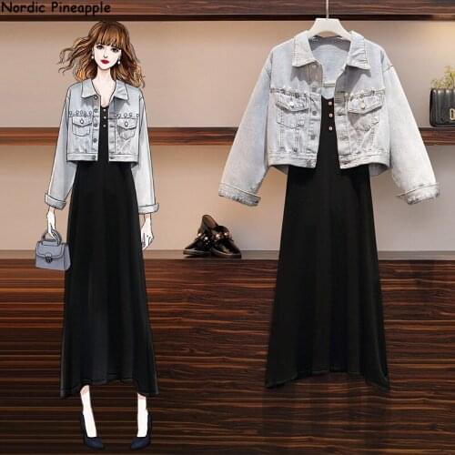 2020 autum 2-piece set Plus size womens beaded denim jacket and Sling knit dress fashionable sweater two-piece suit