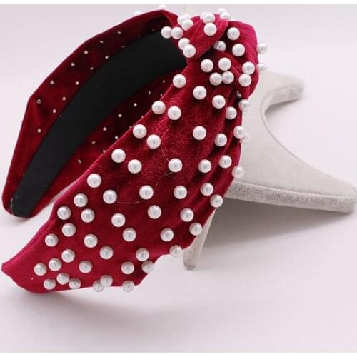 Bohemian Vintage Colorful Velvet Woven Pearl Knot Headband Hairband Full Pearl Hair Accessories Hair Jewlry