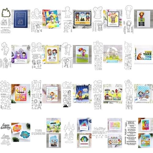Cutting Dies With Clear Stamps Unique Hero Cowboy Girl Balloon Tower Village Bear Dog Chick English Words Number DIY Craft 2021