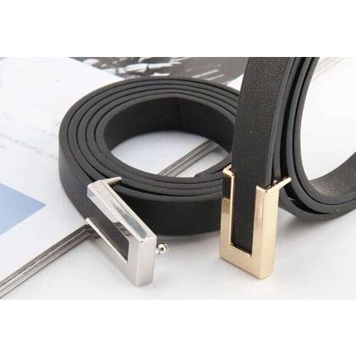 Pu Leather Women Waist Belts Thin Belt Ladies Trouser Dress Simple Waistband Chic Gold Geometric Metal Buckle Waist Strap