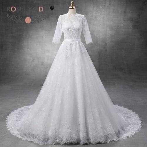 Rose Moda 3/4 Long Sleeves Lace Wedding Dress High Neck Muslim Wedding Dresses with Bow