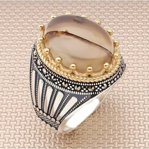 Oval Yemen Agate Stone Silver Ring Vintage Men Silver Ring Bronz Color Big Heavy Silver Ring Solid 925 Sterling Silver