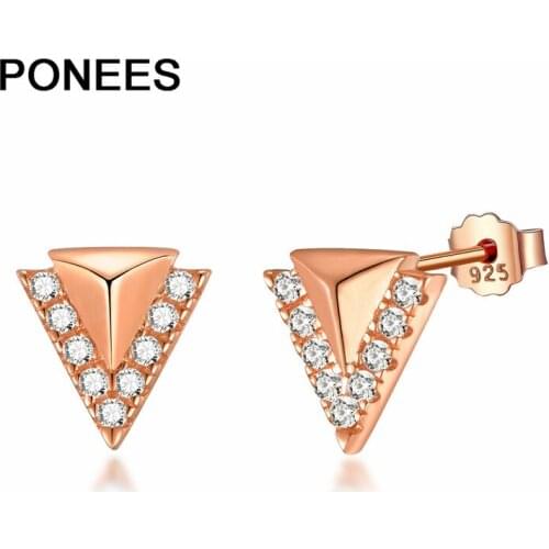 Ponees AAA Cubic-Zirconia Genuine 925 Sterling Silver Triangle Stud Earrings New Fashion Women Earrings