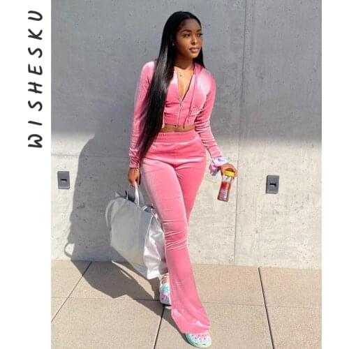 Sporty Two Piece Set Tracksuit Fall Clothes for Women Velvet Hoodies Cropped Jackets Coat+ Jogging Flare Sweatpants Outfits 2021