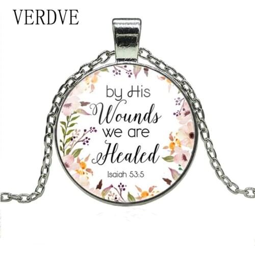 VERDVE By His wounds we are healed Isaiah 53 5 Bible Verse Necklace Glass Tile Pendant Fashion Jewelry Women Men Christian Gift