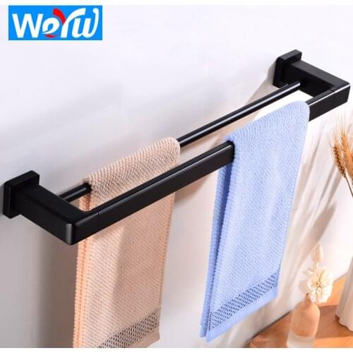 Towel Bar Black Aluminum Bathroom Towel Holder Wall Mounted Double Towel Rack Hanging Holder Decorative Clothes Robe Rail Hanger
