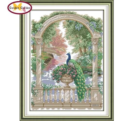 GG Green Peacocks Chinese Cross-Stitching Counted&Stamped 11CT 14CT Cotton Crafts Christmas Gift Cross Stitch Set for Home Decor